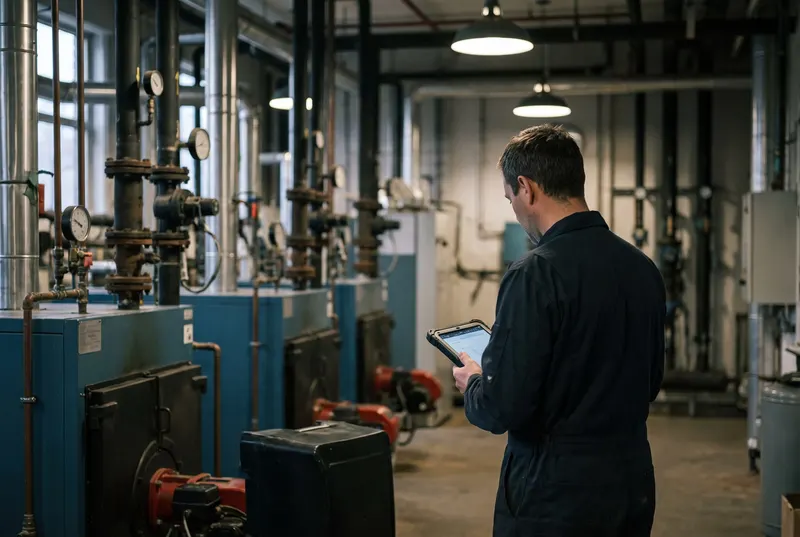 Technicien consultant une tablette dans une chaufferie collective