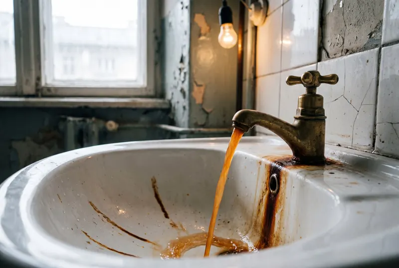 Eau chaude rouillée coulant d’un robinet de lavabo
