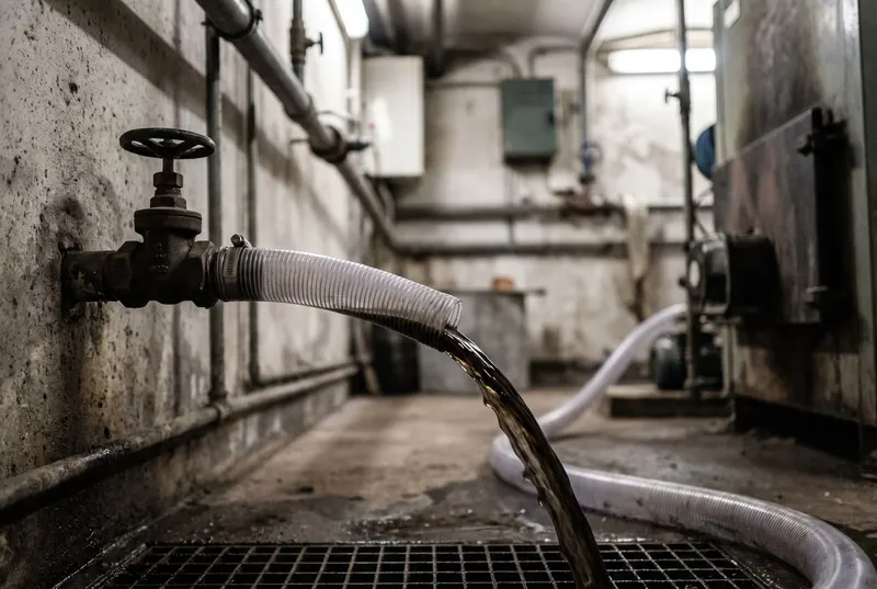 Eau chargée de boues s’écoulant d’une vanne de vidange en chaufferie collective