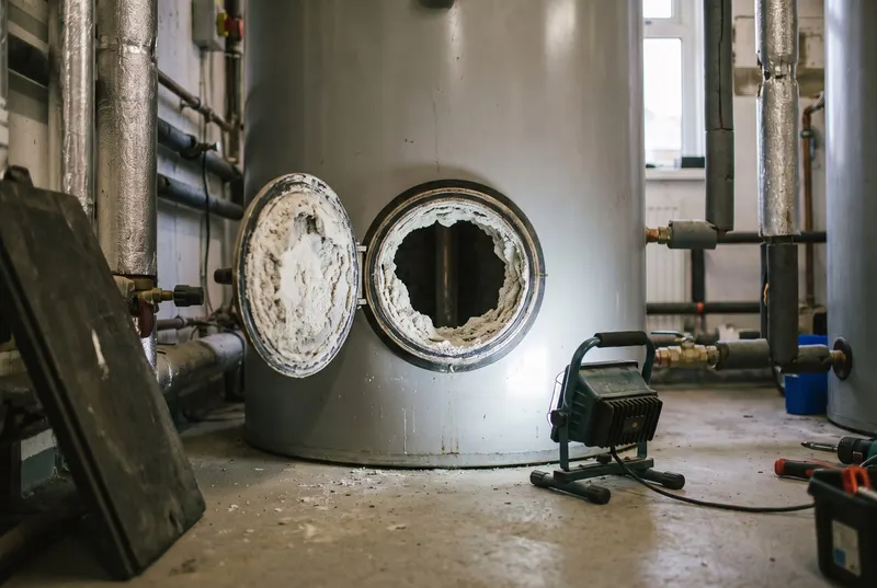 Ballon d’eau chaude sanitaire collective ouvert, tartre au fond de la cuve