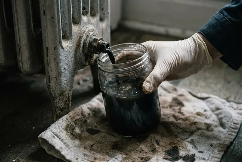 Eau boueuse purgée d’un radiateur en fonte dans un bocal en verre
